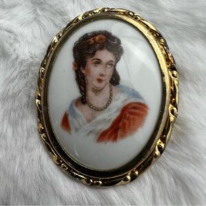 Vintage Limoges France Porcelain Lady Brooch